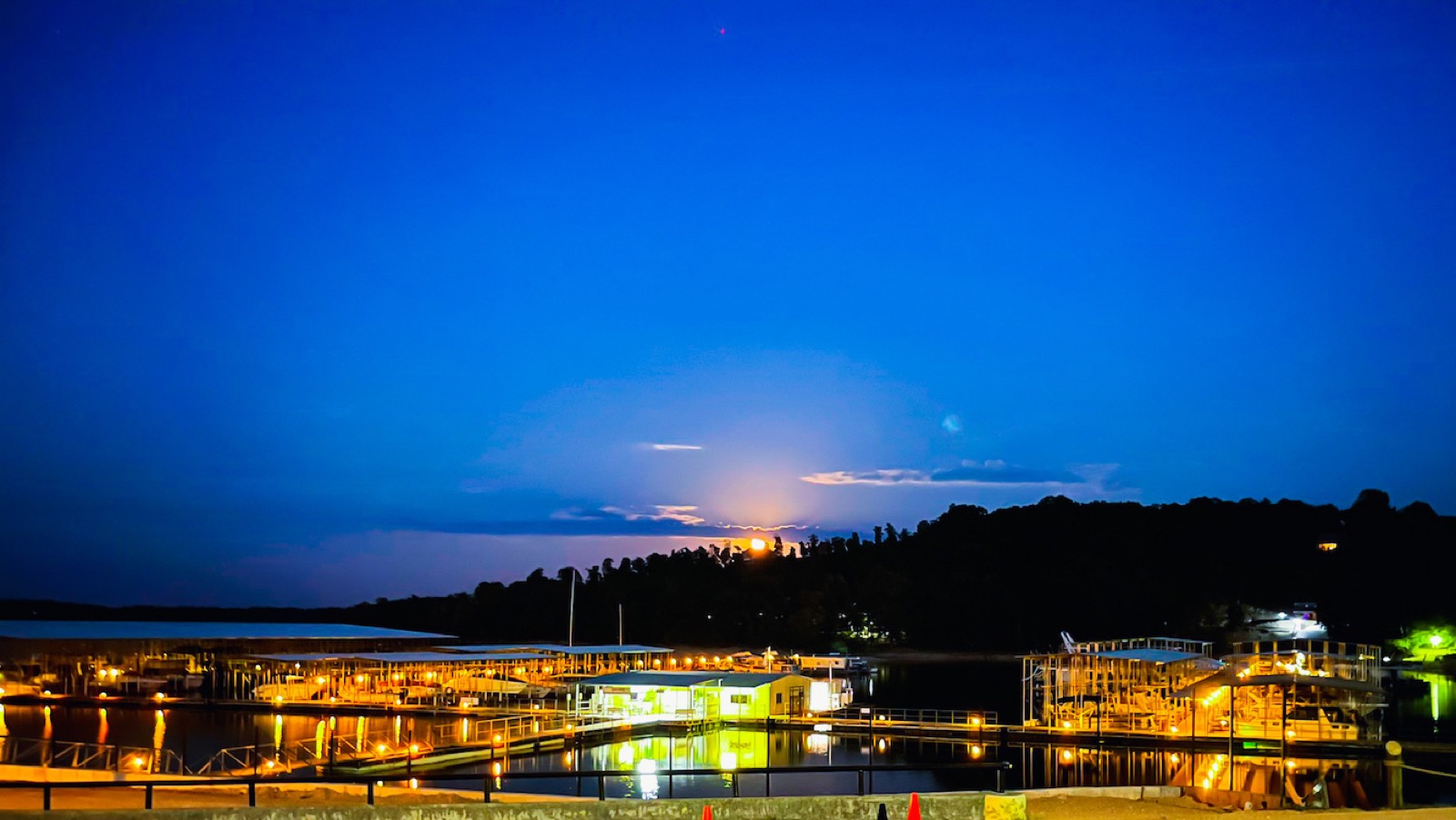 Rocky Branch marina at twilight on Beaver Lake
