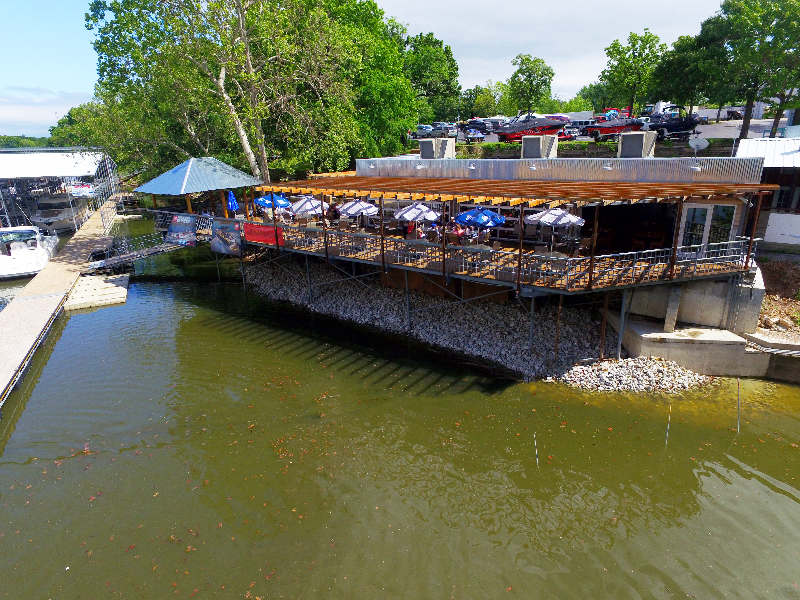 Thunder Bay Marina and Ugly's Grill seen from the water at Grand Lake