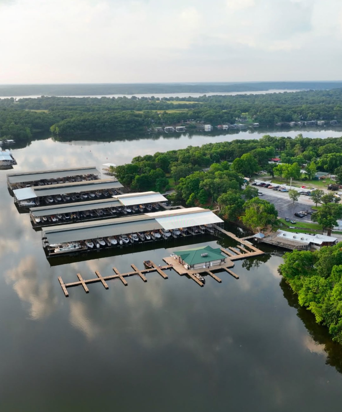 Overhead view of a boat in its covered slip